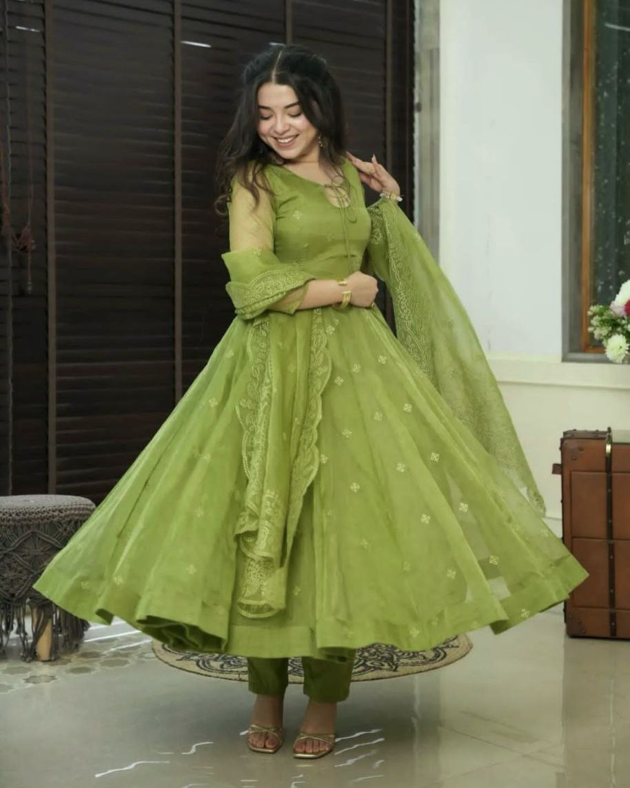 Embroidered Faux Georgette Gown with Dupatta & Bottom – Fully Stitched Party Wear Dress for Women