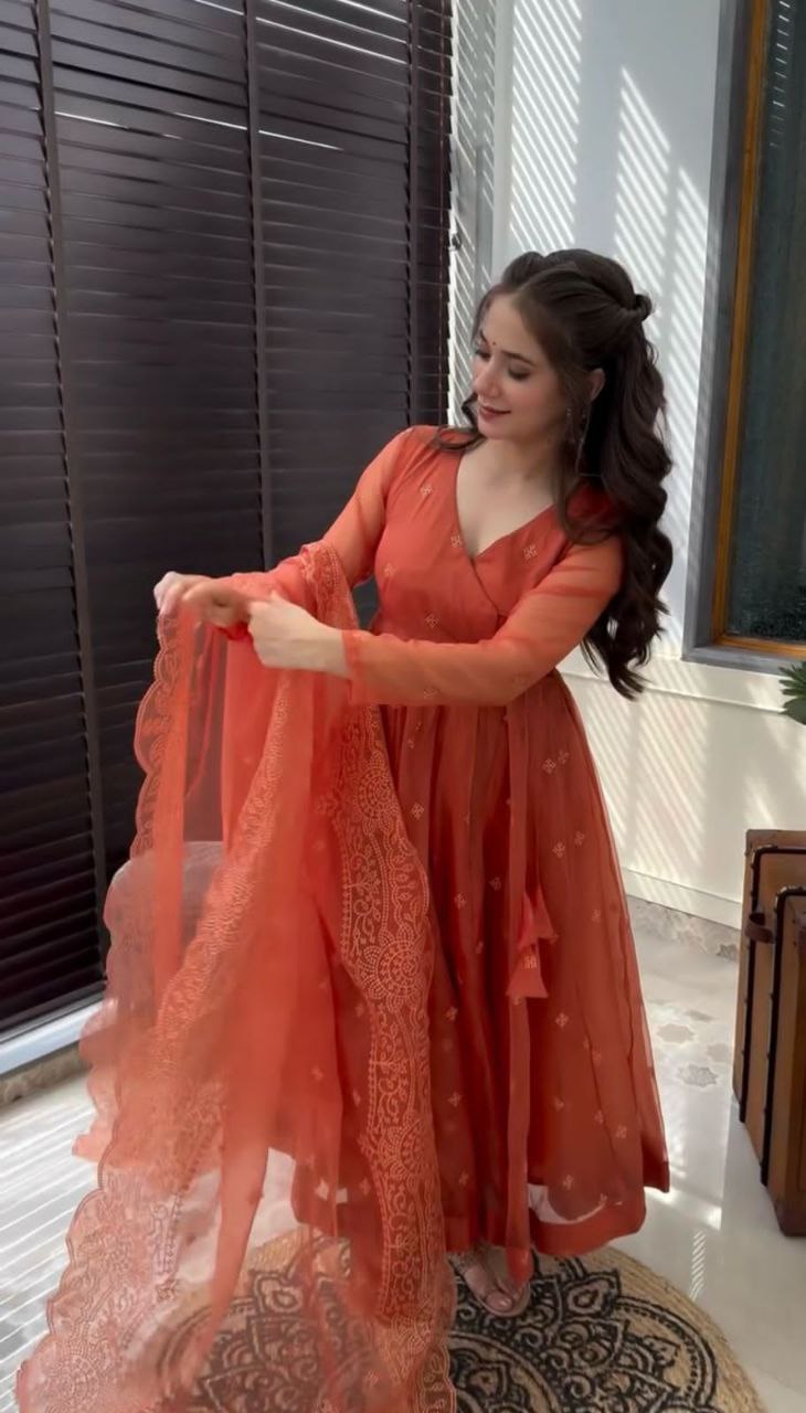 Embroidered Faux Georgette Gown with Dupatta & Bottom – Fully Stitched Party Wear Dress for Women