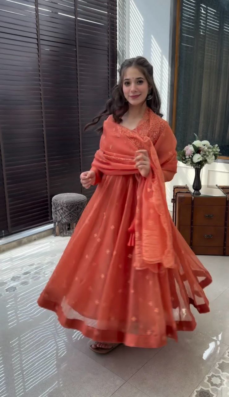 Embroidered Faux Georgette Gown with Dupatta & Bottom – Fully Stitched Party Wear Dress for Women