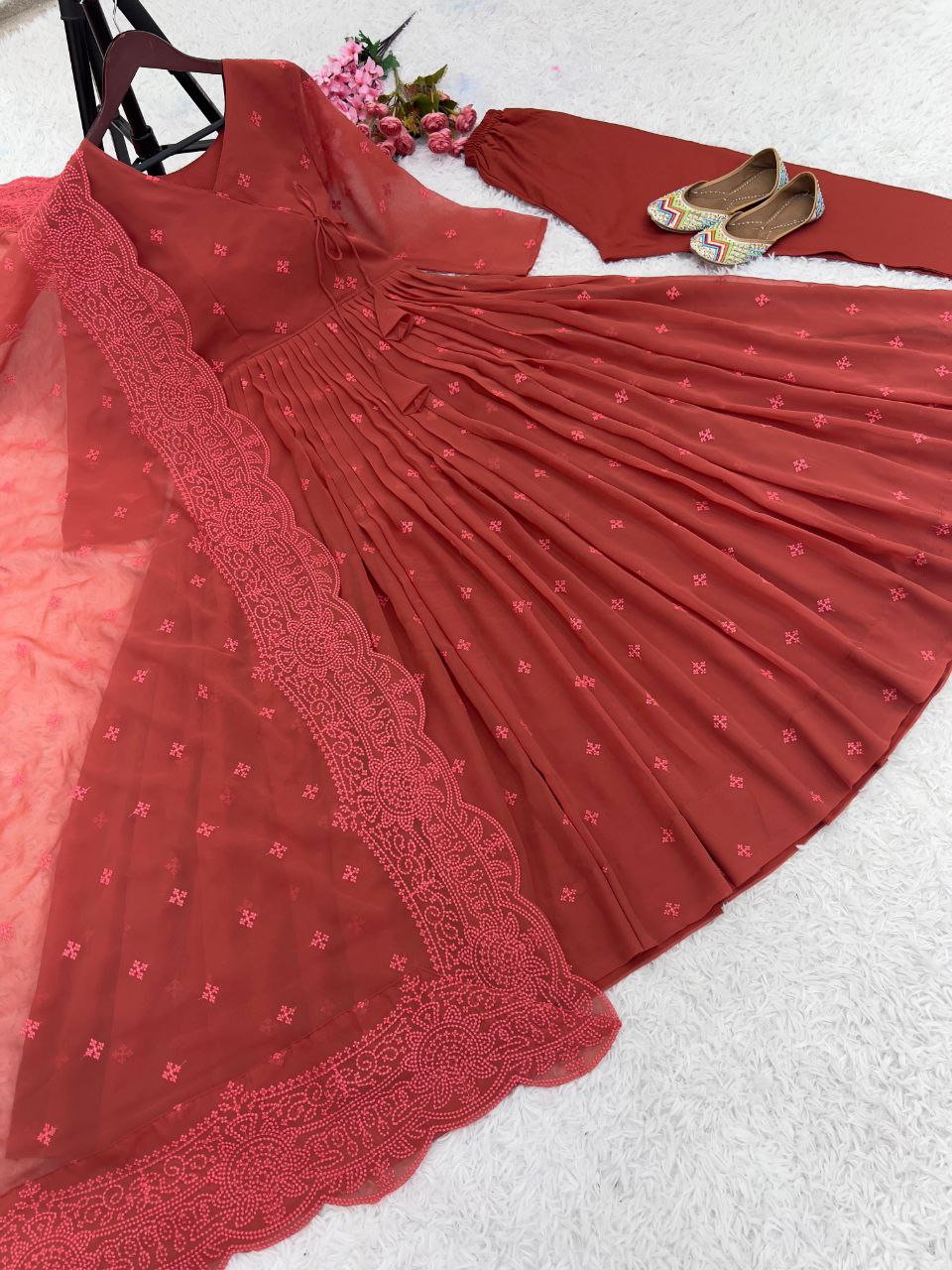 Embroidered Faux Georgette Gown with Dupatta & Bottom – Fully Stitched Party Wear Dress for Women