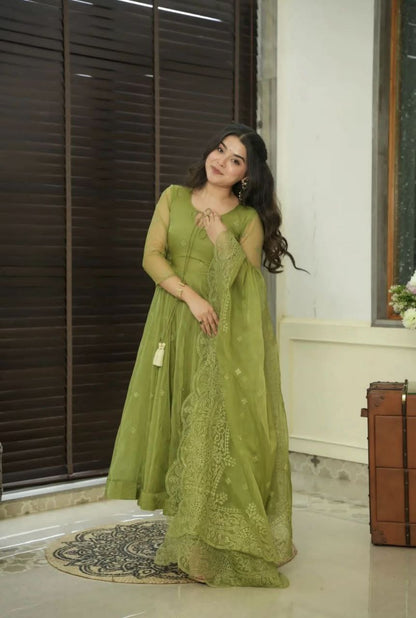 Embroidered Faux Georgette Gown with Dupatta & Bottom – Fully Stitched Party Wear Dress for Women