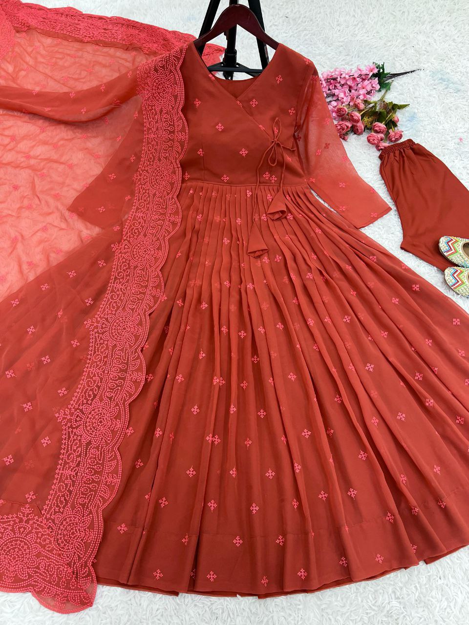 Embroidered Faux Georgette Gown with Dupatta & Bottom – Fully Stitched Party Wear Dress for Women