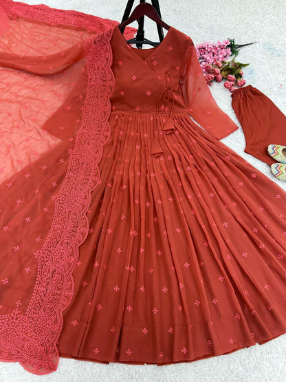 Embroidered Faux Georgette Gown with Dupatta & Bottom – Fully Stitched Party Wear Dress for Women