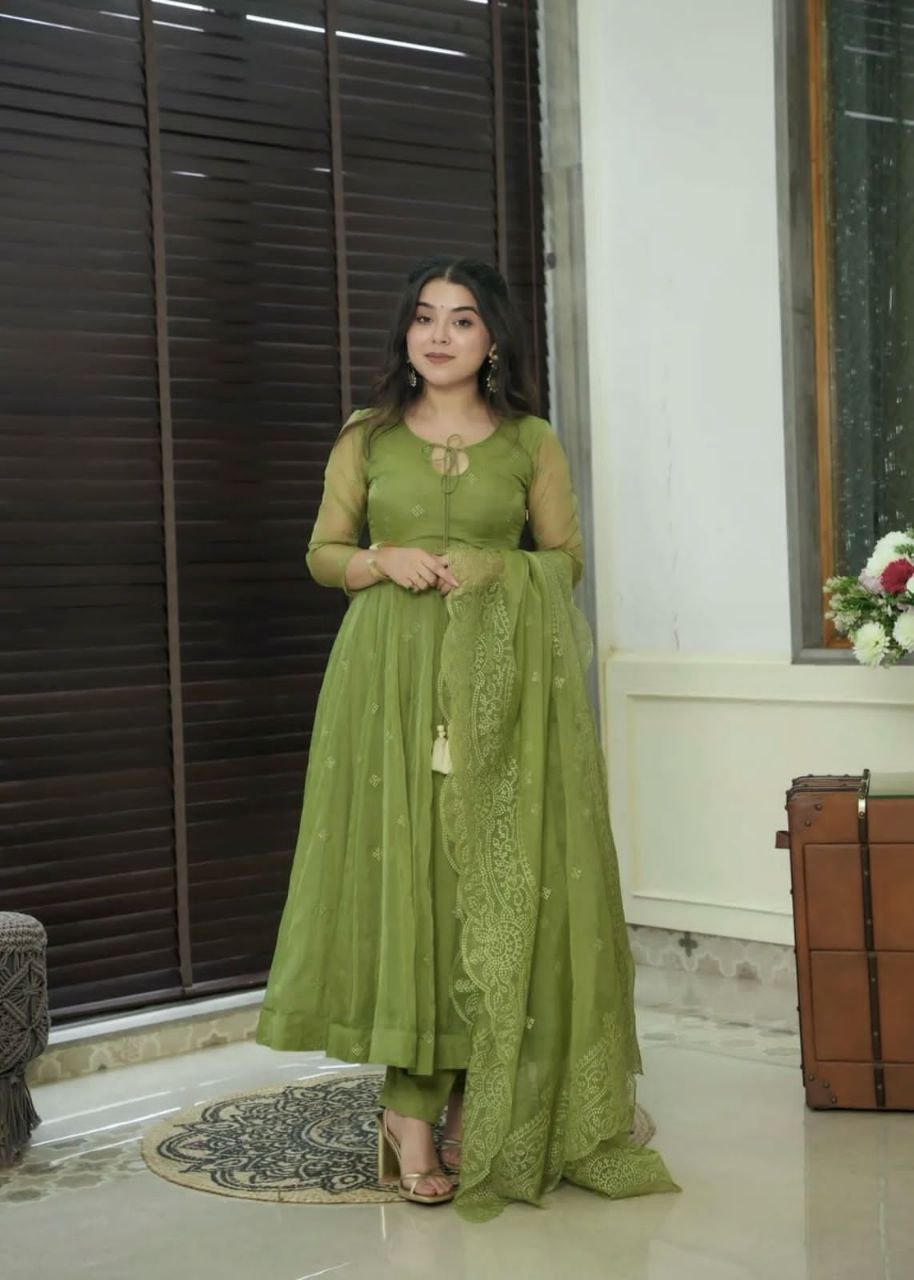 Embroidered Faux Georgette Gown with Dupatta & Bottom – Fully Stitched Party Wear Dress for Women