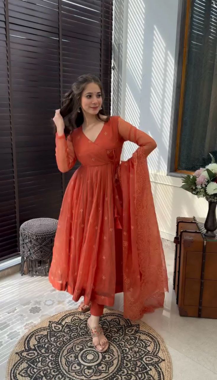 Embroidered Faux Georgette Gown with Dupatta & Bottom – Fully Stitched Party Wear Dress for Women