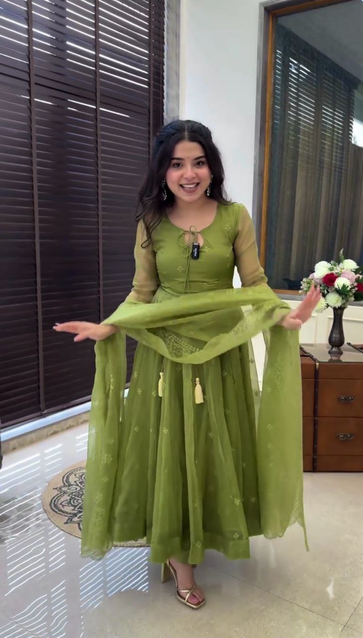 Embroidered Faux Georgette Gown with Dupatta & Bottom – Fully Stitched Party Wear Dress for Women