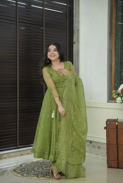 Embroidered Faux Georgette Gown with Dupatta & Bottom – Fully Stitched Party Wear Dress for Women