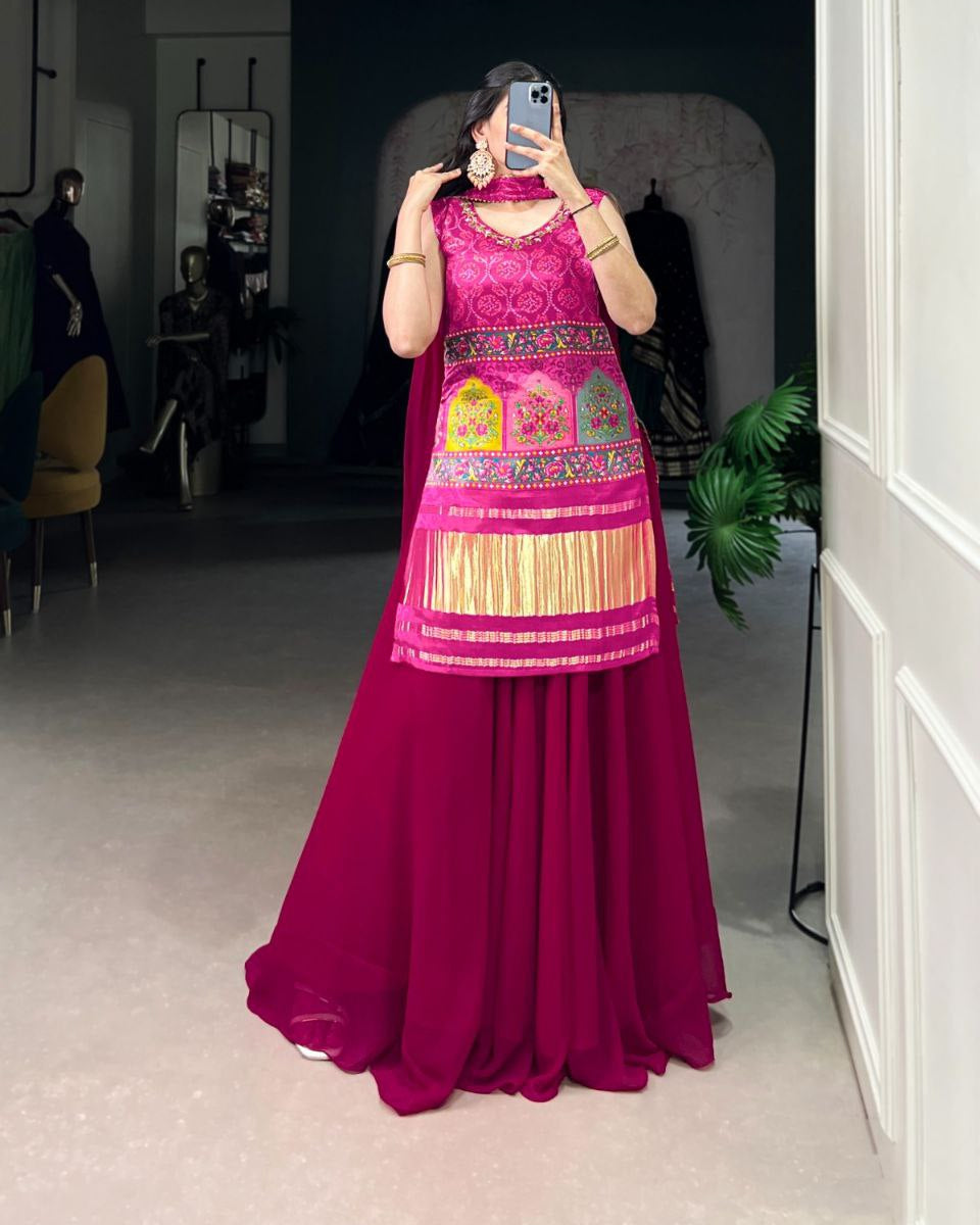 Ethnic Gaji Silk Kurti Plazo Dupatta Set with Handwork & Georgette Dupatta – Ready to Wear