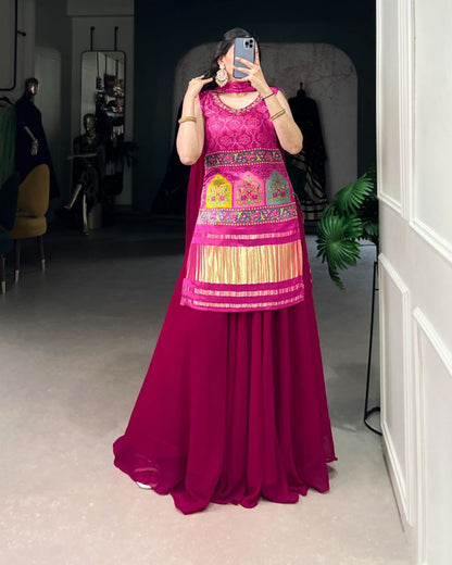 Ethnic Gaji Silk Kurti Plazo Dupatta Set with Handwork & Georgette Dupatta – Ready to Wear