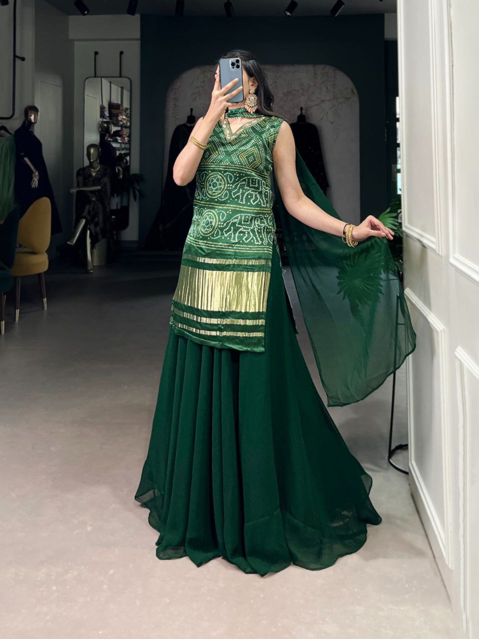 Ethnic Gaji Silk Kurti Plazo Dupatta Set with Handwork & Georgette Dupatta – Ready to Wear