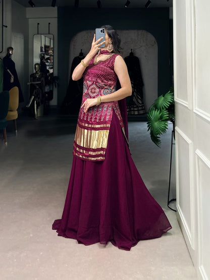 Ethnic Gaji Silk Kurti Plazo Dupatta Set with Handwork & Georgette Dupatta – Ready to Wear