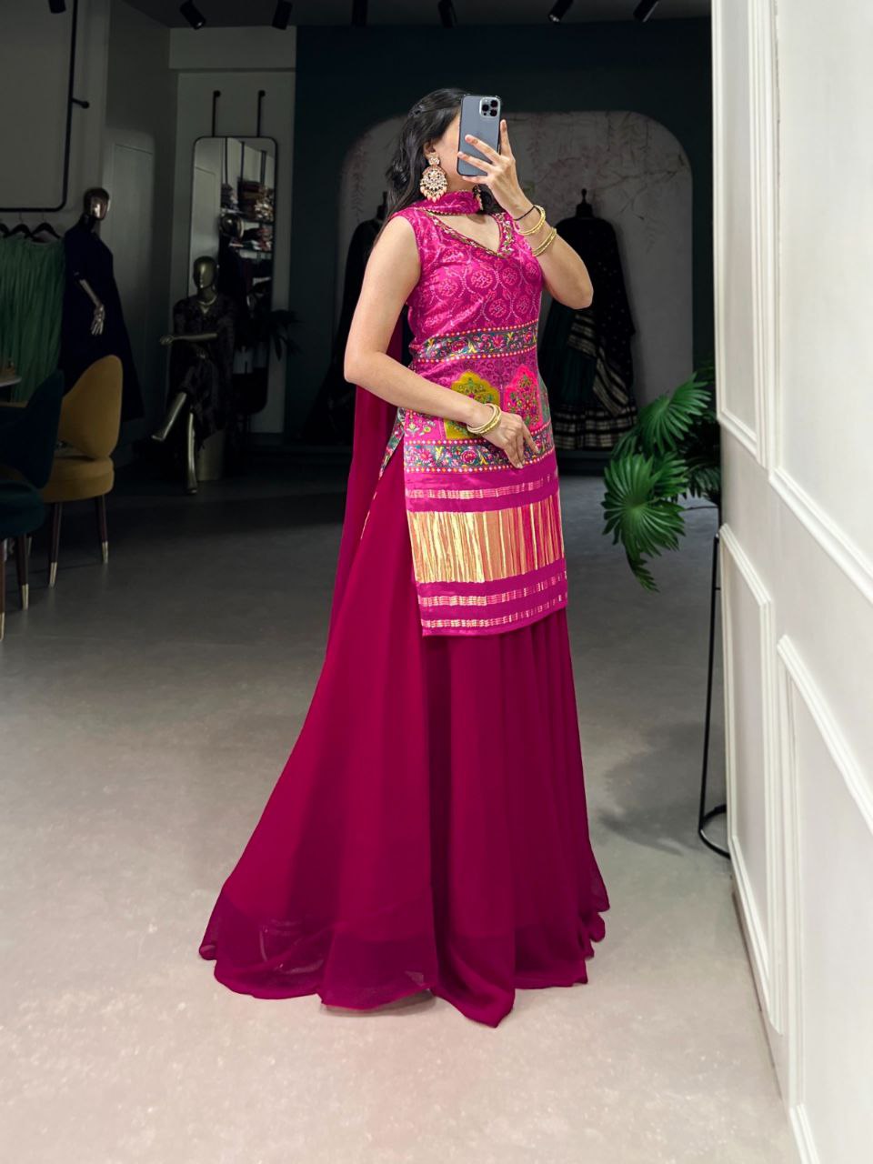 Ethnic Gaji Silk Kurti Plazo Dupatta Set with Handwork & Georgette Dupatta – Ready to Wear