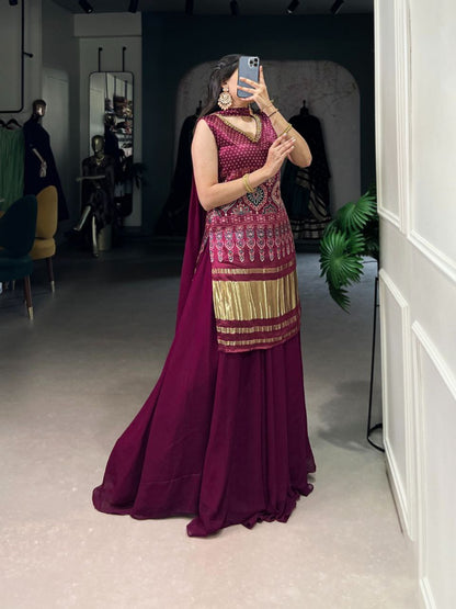Ethnic Gaji Silk Kurti Plazo Dupatta Set with Handwork & Georgette Dupatta – Ready to Wear