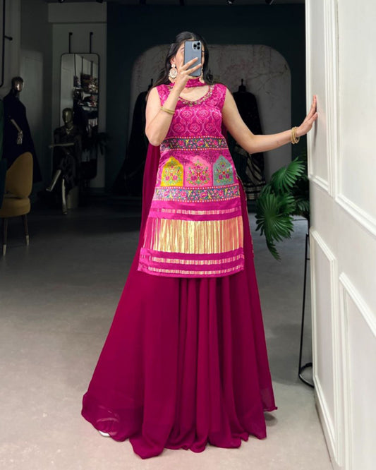 Ethnic Gaji Silk Kurti Plazo Dupatta Set with Handwork & Georgette Dupatta – Ready to Wear