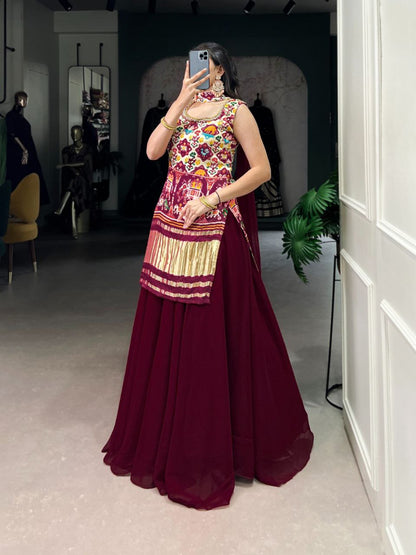 Ethnic Gaji Silk Kurti Plazo Dupatta Set with Handwork & Georgette Dupatta – Ready to Wear