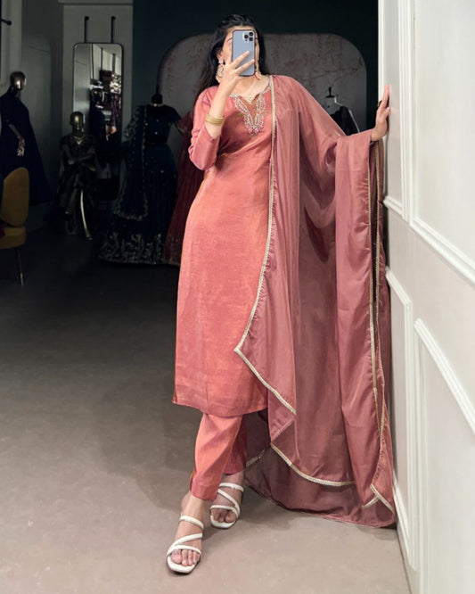 Ethnic Viscose Tissue Kurta Set with Organza Dupatta – Fully Stitched