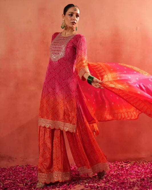 Karwa Chauth Special Sharara Dress: Exclusive Heavy embroidery Bandhej Print Sharara Set