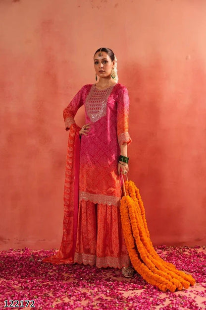 Karwa Chauth Special Sharara Dress: Exclusive Heavy embroidery Bandhej Print Sharara Set