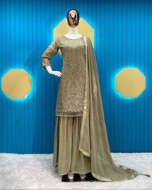 Exclusive Heavy Georgette Sequins Embroidered Suit with Gharara & Dupatta