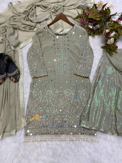 Exclusive Heavy Georgette Sequins Embroidered Suit with Gharara & Dupatta