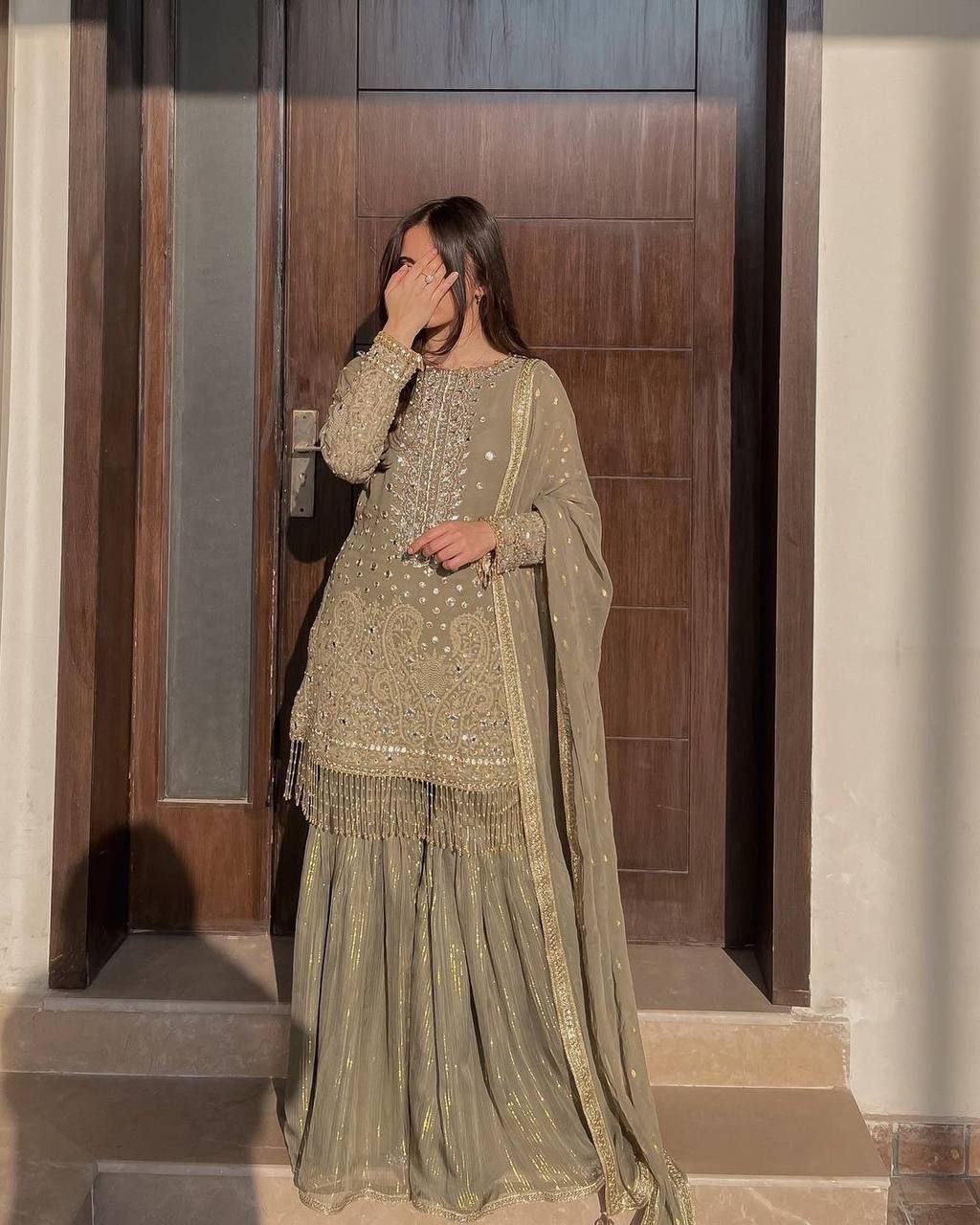 Exclusive Heavy Georgette Sequins Embroidered Suit with Gharara & Dupatta