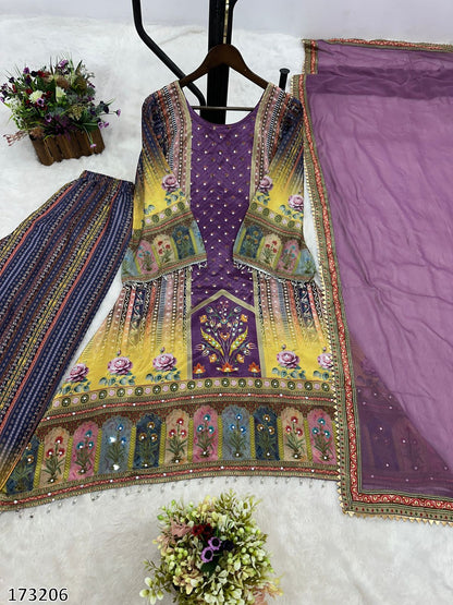 Fancy Digital Printed Chinon Silk Top-Palazzo with Dupatta