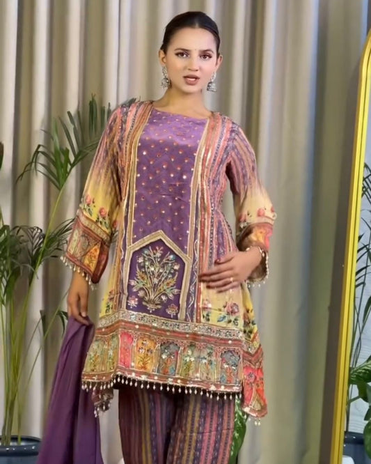 Fancy Digital Printed Chinon Silk Top-Palazzo with Dupatta