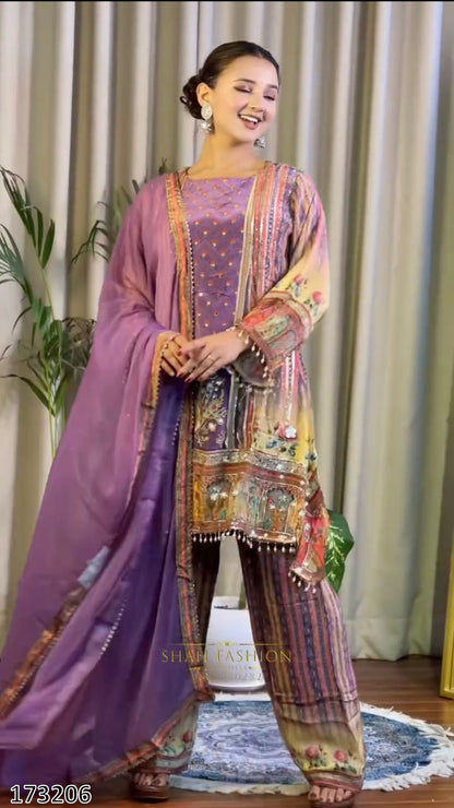 Fancy Digital Printed Chinon Silk Top-Palazzo with Dupatta