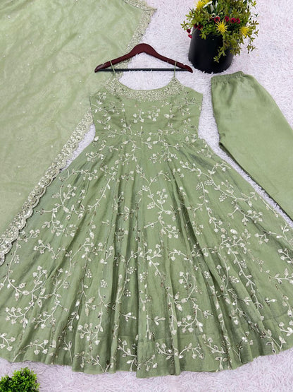 Fandy Silk Embroidered Gown with Dupatta | Sequence Work | Fully Stitched Party Wear