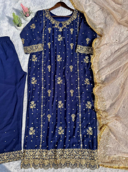 Faux Georgette Embroidered Suit Set with Handmade Moti Work – Top, Pant & Dupatta | Eid Special | Fully Stitched