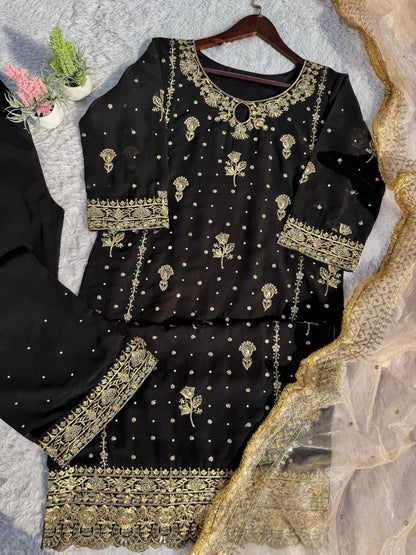 Faux Georgette Embroidered Suit Set with Handmade Moti Work – Top, Pant & Dupatta | Eid Special | Fully Stitched