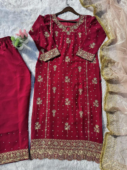 Faux Georgette Embroidered Suit Set with Handmade Moti Work – Top, Pant & Dupatta | Eid Special | Fully Stitched