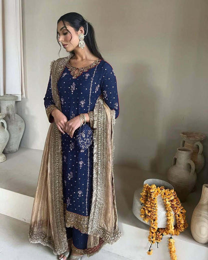 Faux Georgette Embroidered Suit Set with Handmade Moti Work – Top, Pant & Dupatta | Eid Special | Fully Stitched