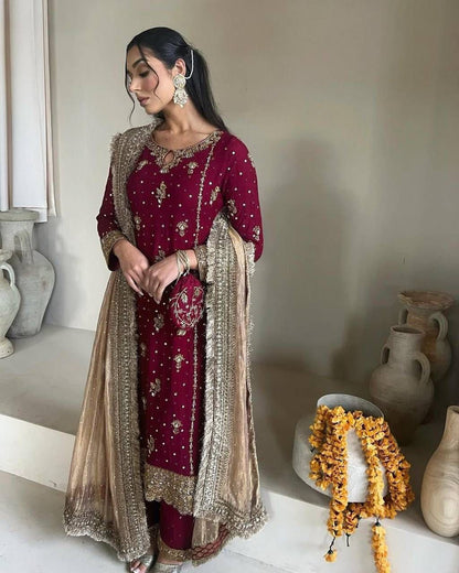 Faux Georgette Embroidered Suit Set with Handmade Moti Work – Top, Pant & Dupatta | Eid Special | Fully Stitched