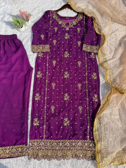 Faux Georgette Embroidered Suit Set with Handmade Moti Work – Top, Pant & Dupatta | Eid Special | Fully Stitched