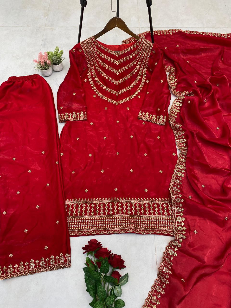 Fendi Silk Designer Suit Set with Sequin Embroidery & Dupatta | LCD Diamond Work