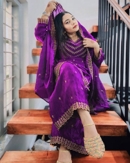 Fendi Silk Designer Suit Set with Sequin Embroidery & Dupatta | LCD Diamond Work