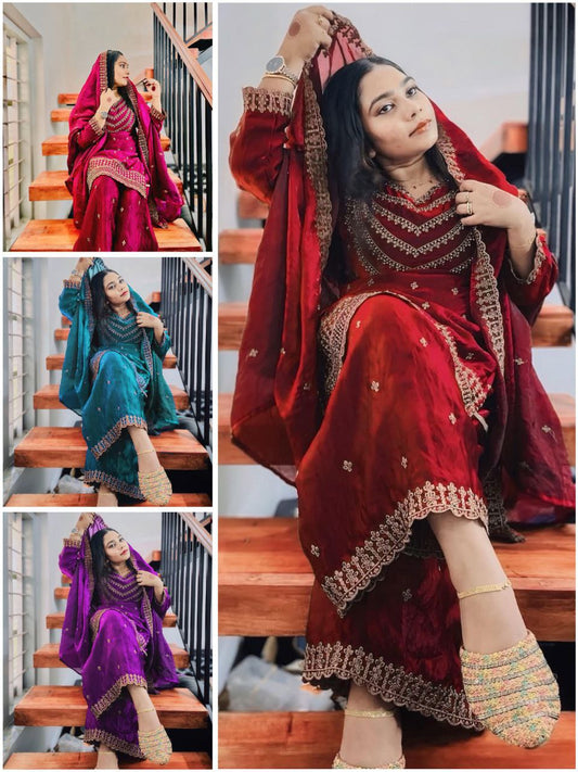 Fendi Silk Designer Suit Set with Sequin Embroidery & Dupatta | LCD Diamond Work