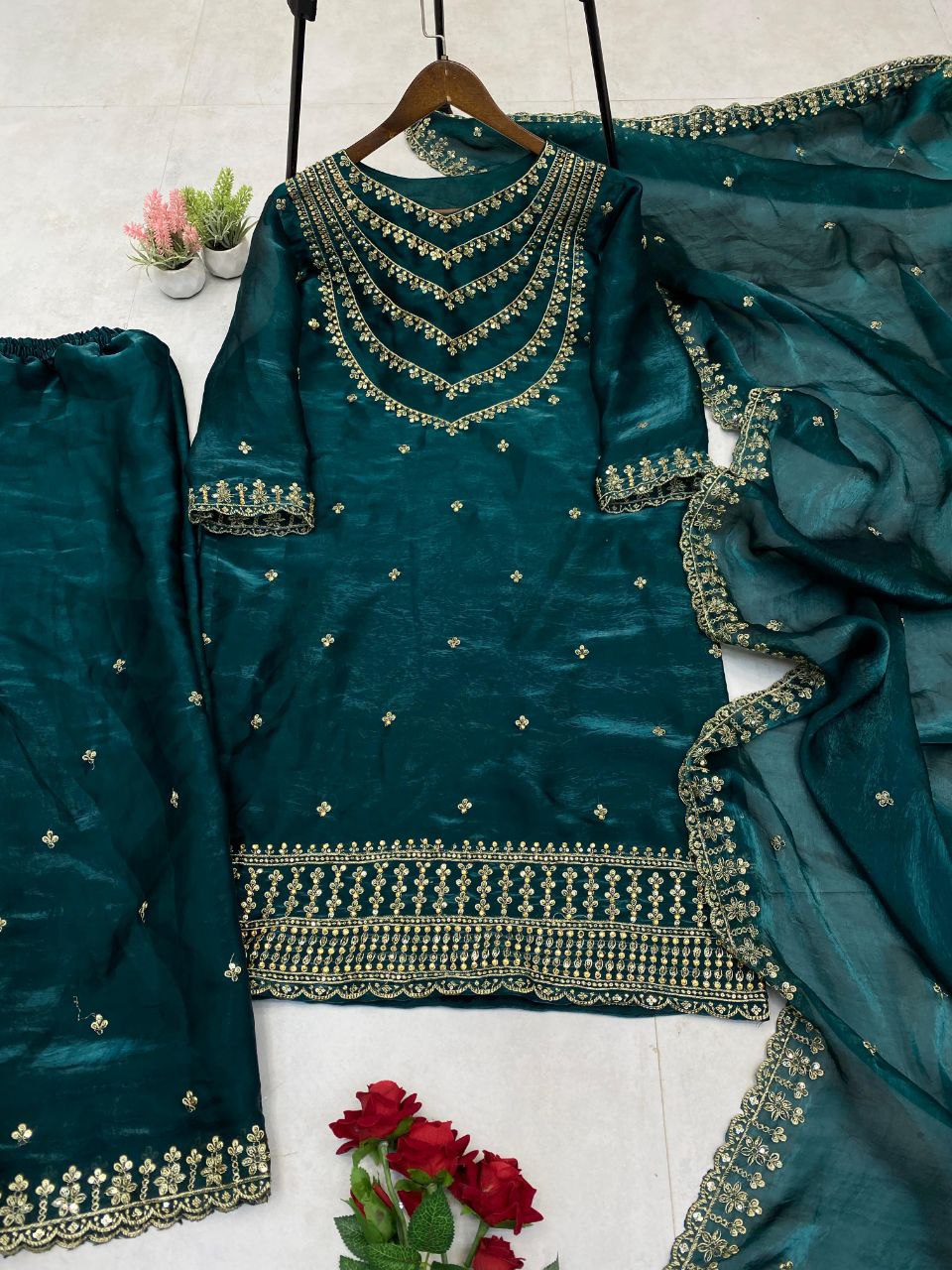Fendi Silk Designer Suit Set with Sequin Embroidery & Dupatta | LCD Diamond Work