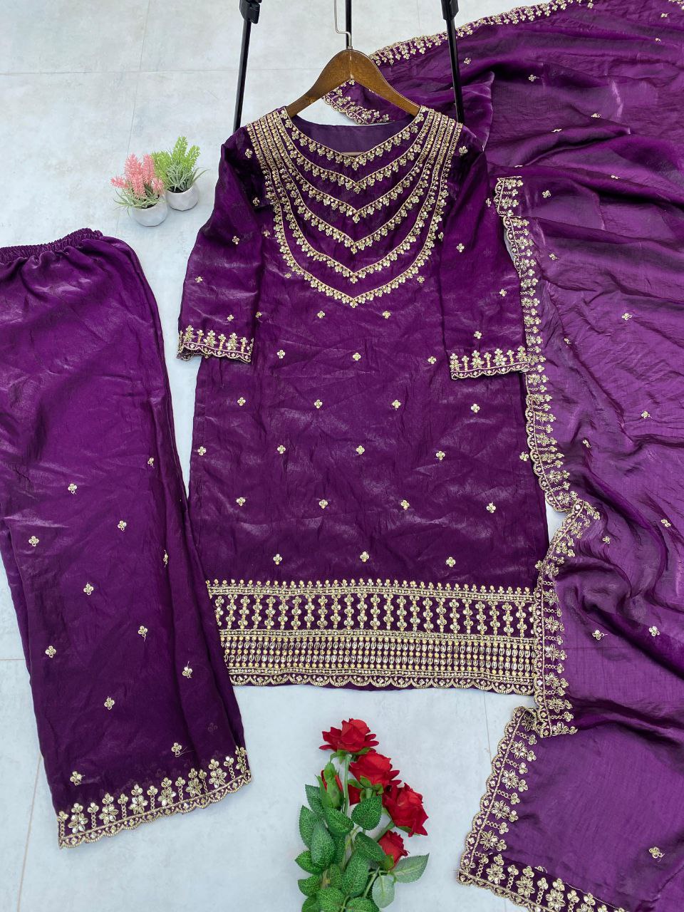 Fendi Silk Designer Suit Set with Sequin Embroidery & Dupatta | LCD Diamond Work