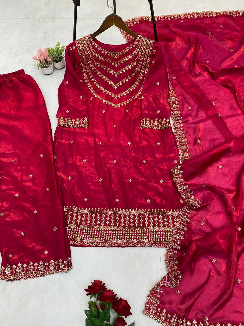 Fendi Silk Designer Suit Set with Sequin Embroidery & Dupatta | LCD Diamond Work