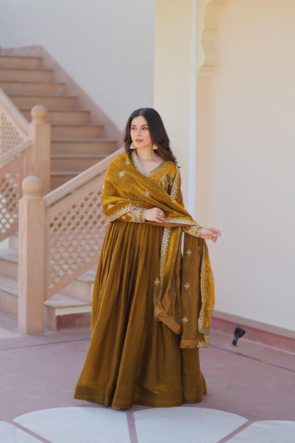 Fendy Fabric Embroidered Gown with Sequins Dupatta | Partywear Ethnic Dress | Fully Stitched