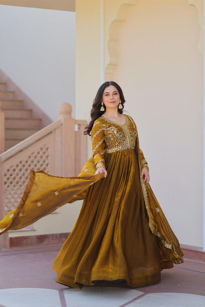 Fendy Fabric Embroidered Gown with Sequins Dupatta | Partywear Ethnic Dress | Fully Stitched