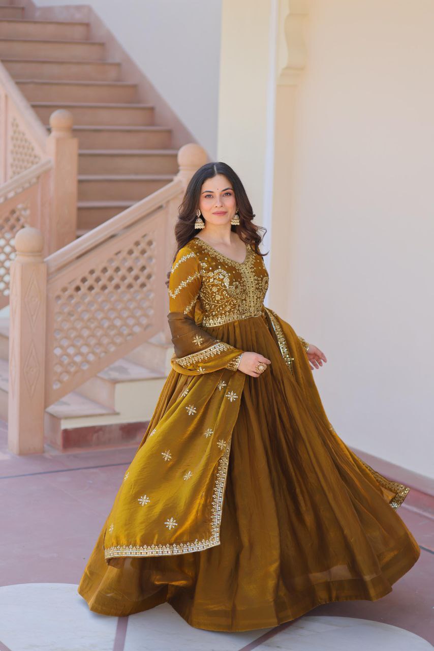 Fendy Fabric Embroidered Gown with Sequins Dupatta | Partywear Ethnic Dress | Fully Stitched