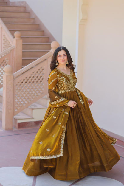 Fendy Fabric Embroidered Gown with Sequins Dupatta | Partywear Ethnic Dress | Fully Stitched