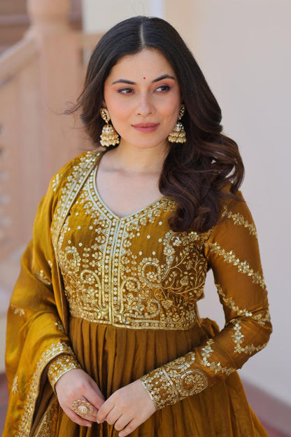 Fendy Fabric Embroidered Gown with Sequins Dupatta | Partywear Ethnic Dress | Fully Stitched