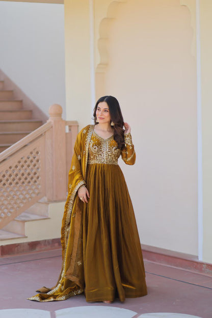 Fendy Fabric Embroidered Gown with Sequins Dupatta | Partywear Ethnic Dress | Fully Stitched