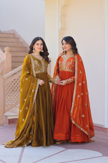 Fendy Fabric Embroidered Gown with Sequins Dupatta | Partywear Ethnic Dress | Fully Stitched