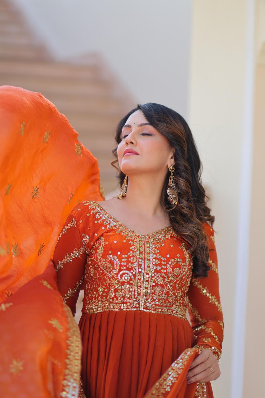 Fendy Fabric Embroidered Gown with Sequins Dupatta | Partywear Ethnic Dress | Fully Stitched