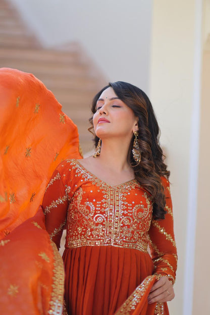 Fendy Fabric Embroidered Gown with Sequins Dupatta | Partywear Ethnic Dress | Fully Stitched